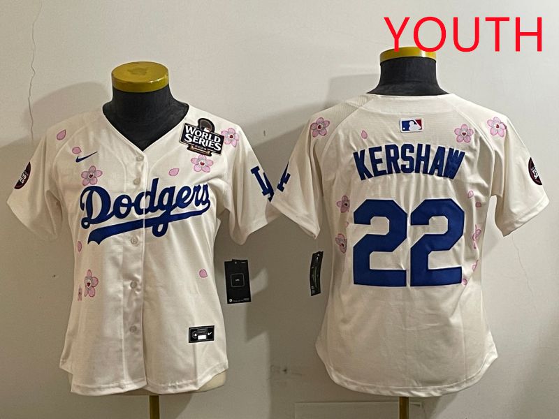 Youth Los Angeles Dodgers 22 Kershaw Cream Sakura Edition 2025 Nike MLB Jersey style 7